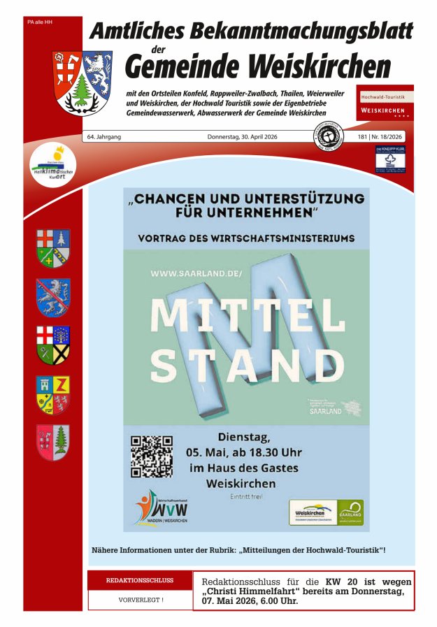Amtliches Bekanntmachungsblatt der Gemeinde Weiskirchen Titelblatt 18/2026