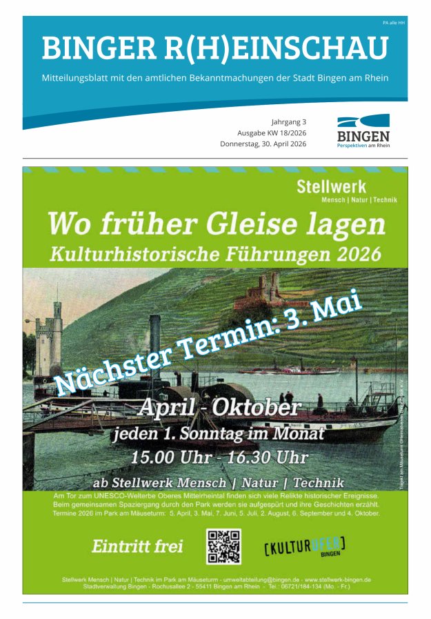 Binger R(h)einschau - Mitteilungsblatt mit den Amtlichen Bekanntmachungen der Stadt Bingen Titelblatt 18/2026