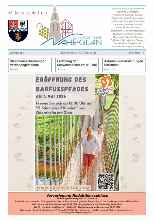 Mitteilungsblatt für die Verbandsgemeinde Nahe-Glan Titelblatt 18/2026