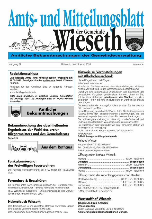 Amts- und Mitteilungsblatt der Gemeinde Wieseth Titelblatt 04/2026