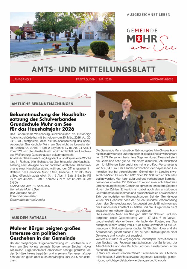 Muhrer Heimatbrief Amts- u Mitteilungsblatt der Gemeinde Muhr a See Titelblatt 04/2026