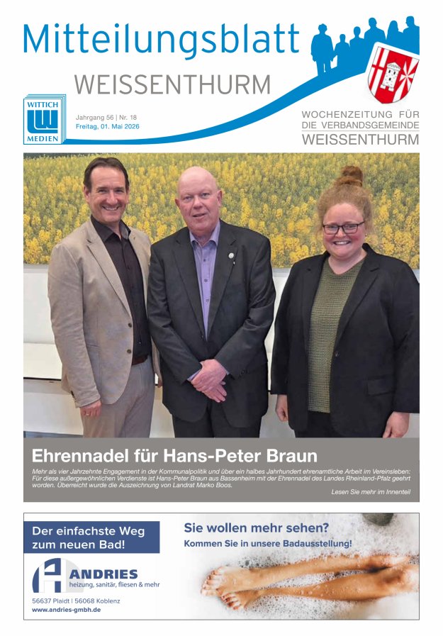 Mitteilungsblatt für den Bereich der Verbandsgemeinde Weißenthurm Titelblatt 18/2026