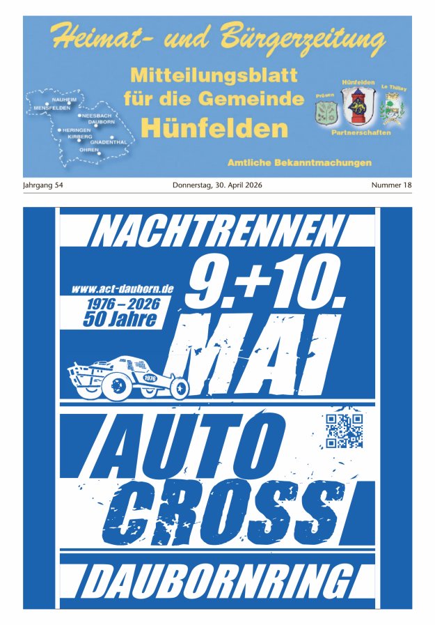 Mitteilungsblatt für die Gemeinde Hünfelden Titelblatt 18/2026