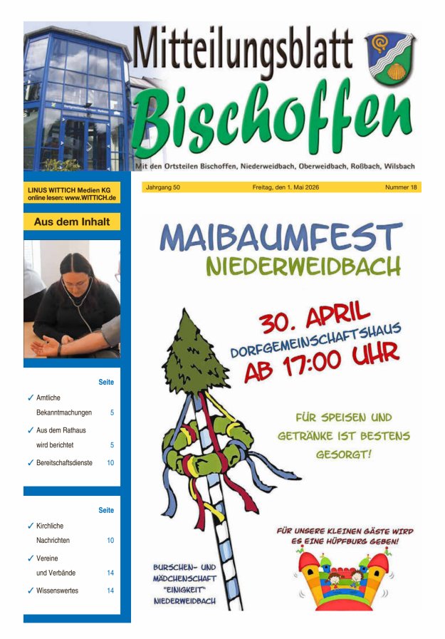 Mitteilungsblatt für die Gemeinde Bischoffen Titelblatt 18/2026