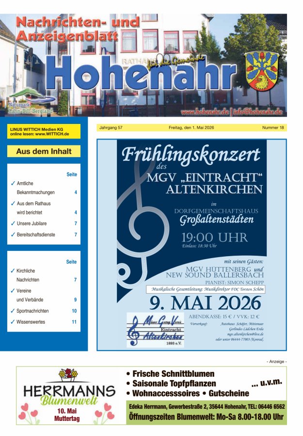 Nachrichten- und Anzeigenblatt für die Gemeinde Hohenahr Titelblatt 18/2026