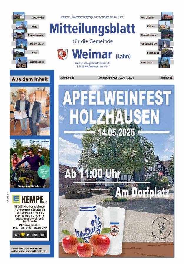 Mitteilungsblatt für die Gemeinde Weimar Titelblatt 18/2026