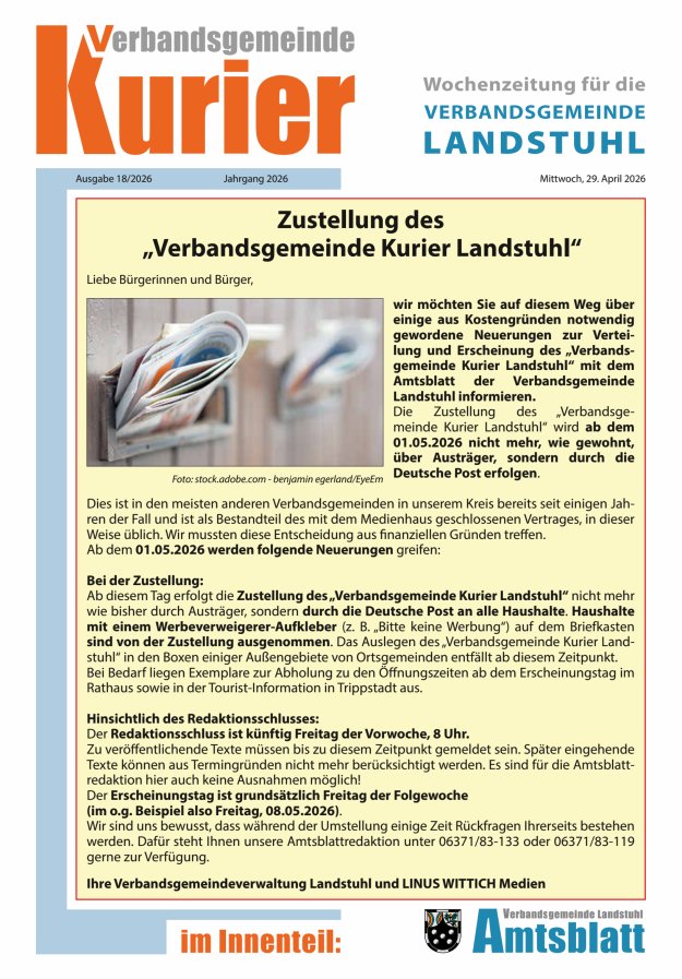 Verbandsgemeinde Kurier Landstuhl Titelblatt 18/2026