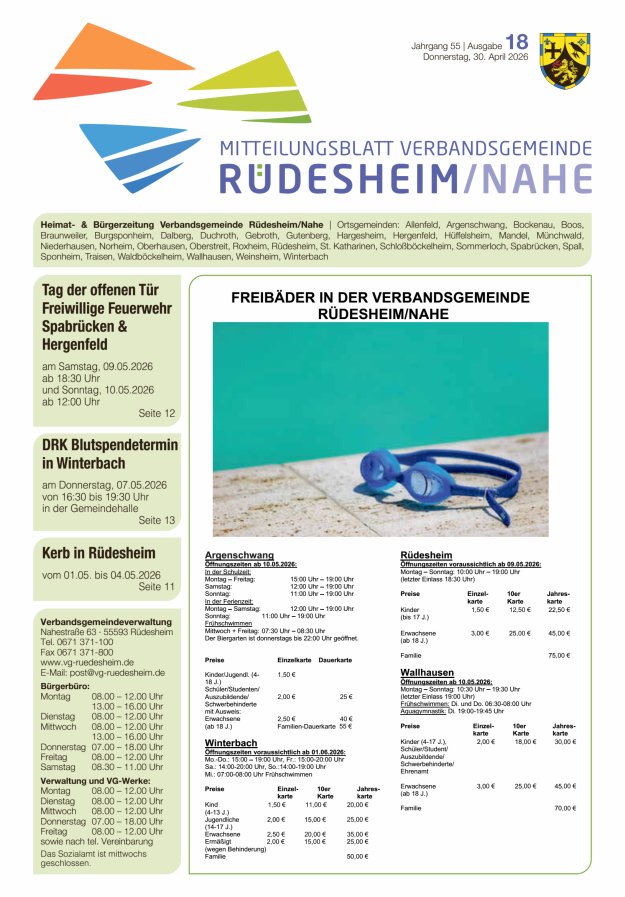 Mitteilungsblatt Verbandsgemeinde Rüdesheim und zugehörige Ortsgemeinden Titelblatt 18/2026
