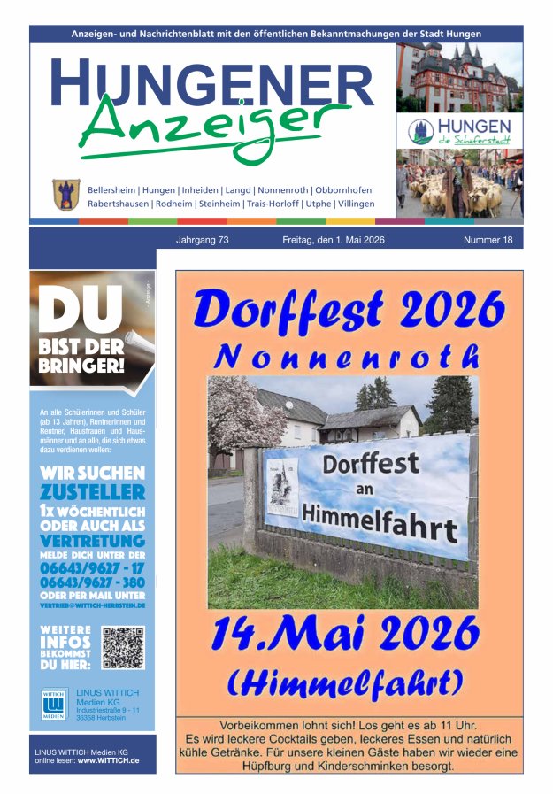 Anzeigen- und Nachrichtenblatt mit den öff  Bekanntmachungen der Stadt Hungen Titelblatt 18/2026
