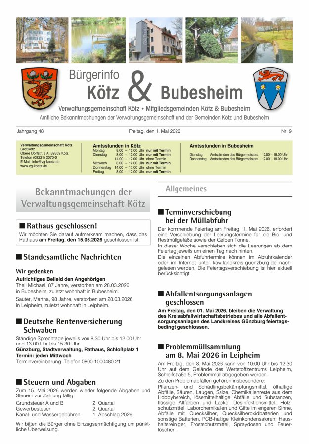 Amtsblatt der VG Kötz und der Mitgliedsgemeinden Titelblatt 09/2026