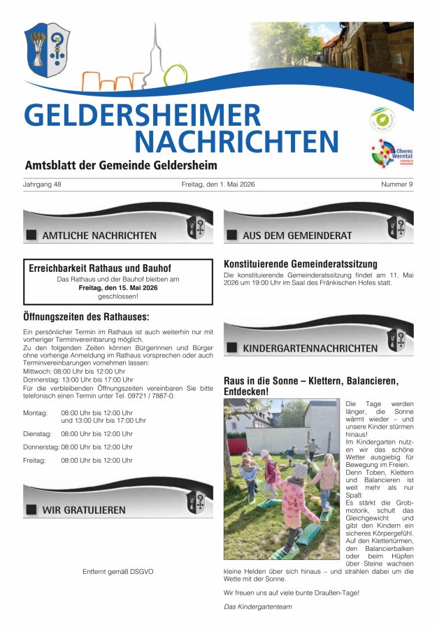 Geldersheimer Nachrichten Amtsblatt der Gemeinde Geldersheim Titelblatt 09/2026