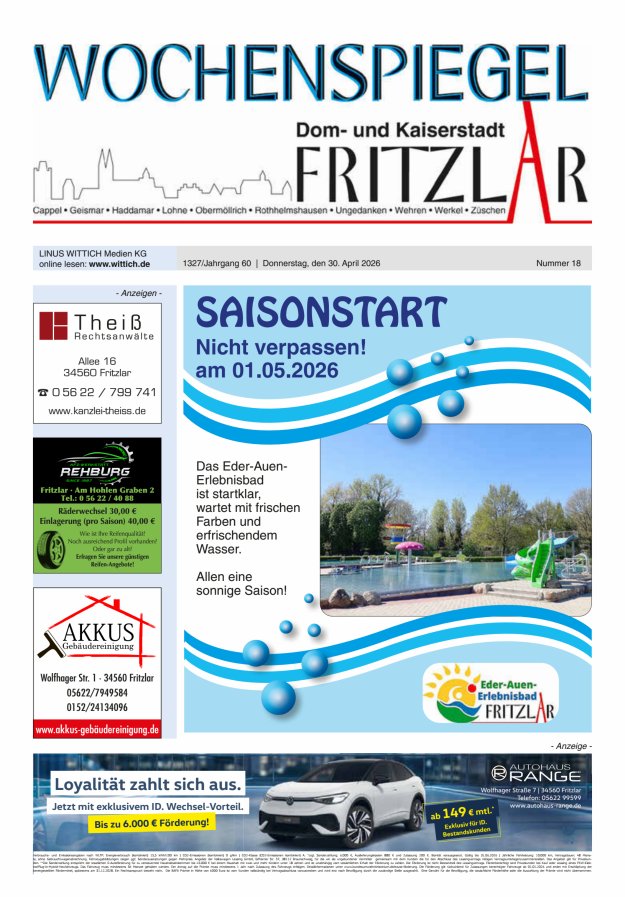 Wochenspiegel Dom- und Kaiserstadt Fritzlar Titelblatt 18/2026