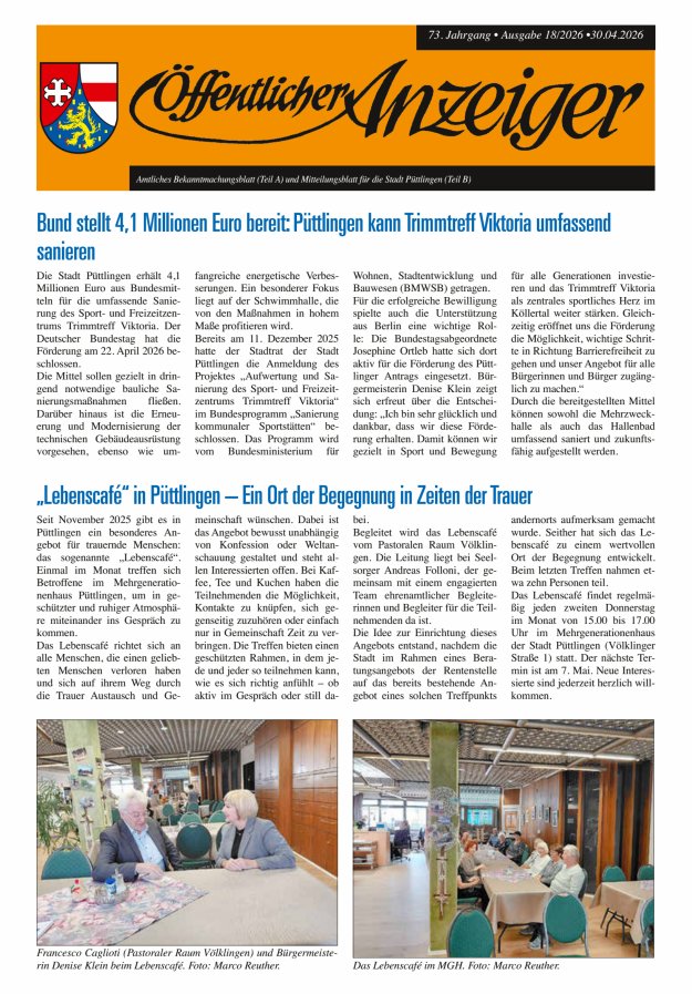 Öffentlicher Anzeiger - Stadt Püttlingen Titelblatt 18/2026