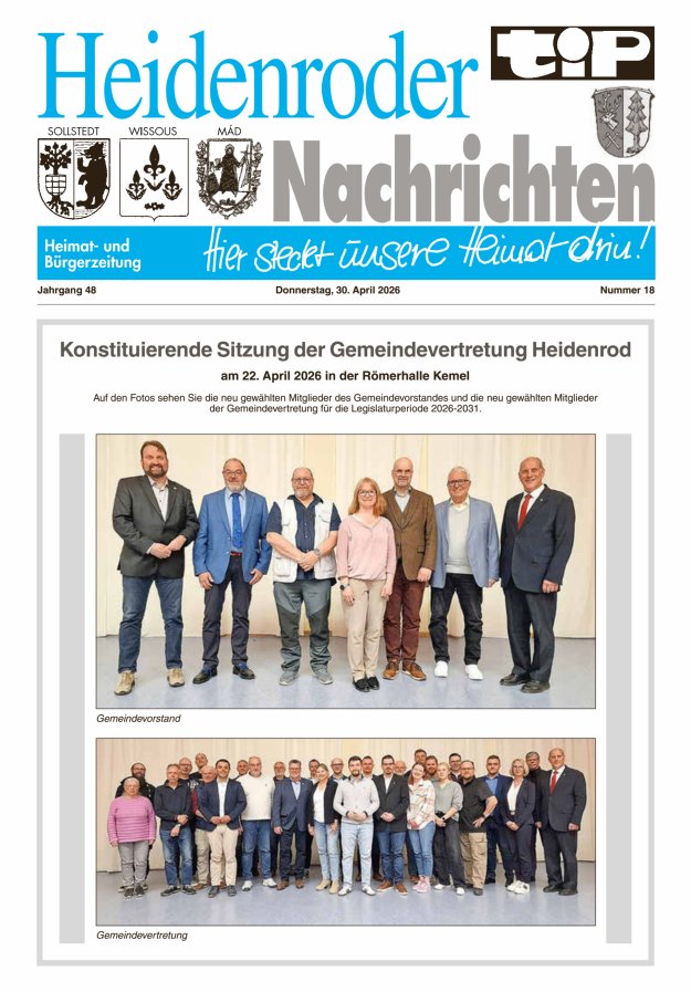 "tip" Heidenroder Nachrichten Titelblatt 18/2026