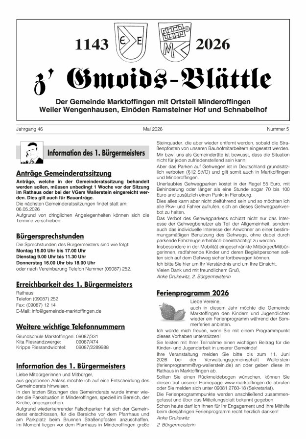 z'Gmoids-Blättle der Gemeinde Marktoffingen mit Ortsteilen Titelblatt 05/2026