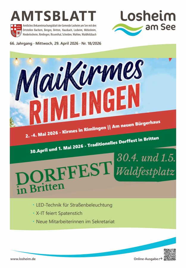 Amtliches Bekanntmachungsblatt der Gemeinde Losheim am See Titelblatt 18/2026