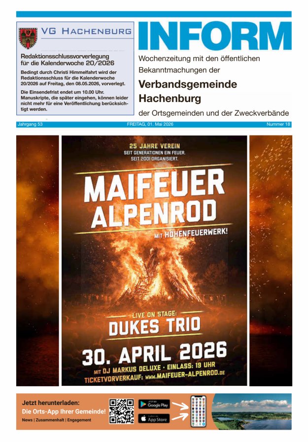 INFORM - Wochenzeitung der Verbandsgemeinde Hachenburg Titelblatt 18/2026