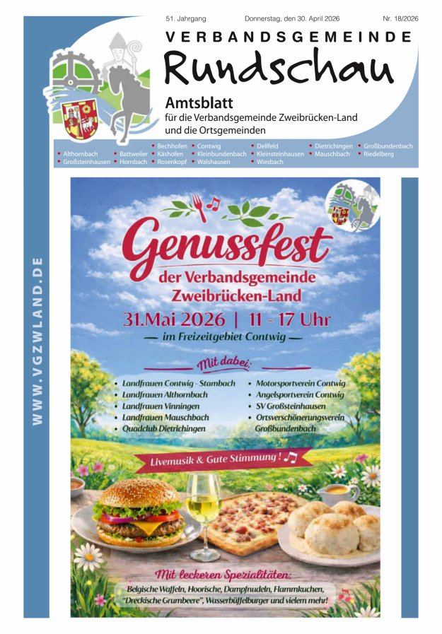 Verbandsgemeinde Rundschau Zweibrücken-Land Titelblatt 18/2026