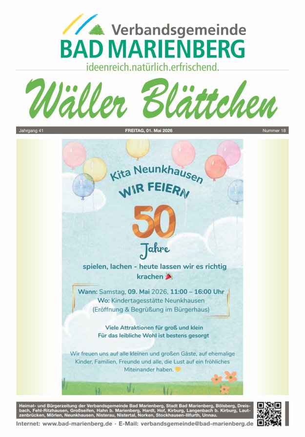 Wäller Blättchen - Verbandsgemeinde Bad Marienberg Titelblatt 18/2026