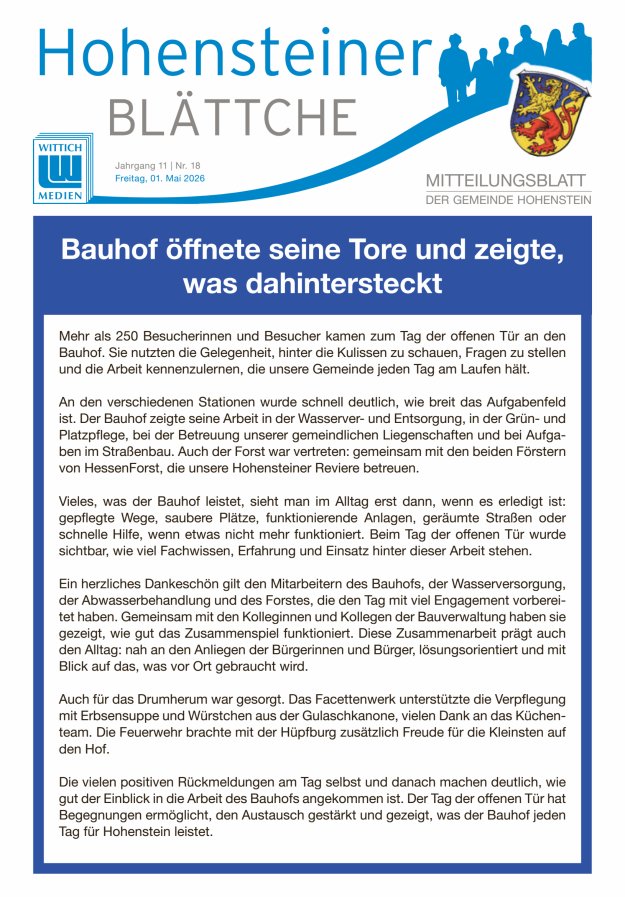 Hohensteiner Blättche Titelblatt 18/2026