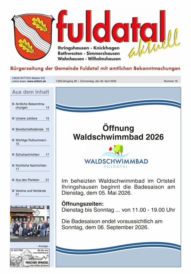 Fuldatal aktuell Titelblatt 18/2026