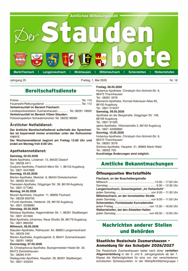 Staudenbote Amtliches Mitteilungsblatt Titelblatt 18/2026
