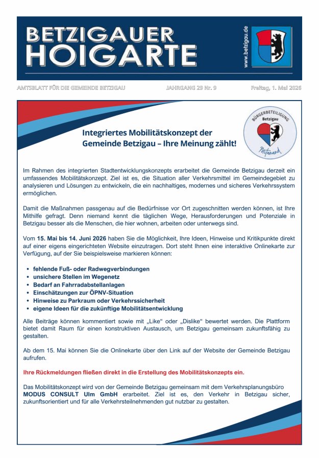 Betzigauer Hoigarte Amtsblatt der Gemeinde Betzigau Titelblatt 09/2026