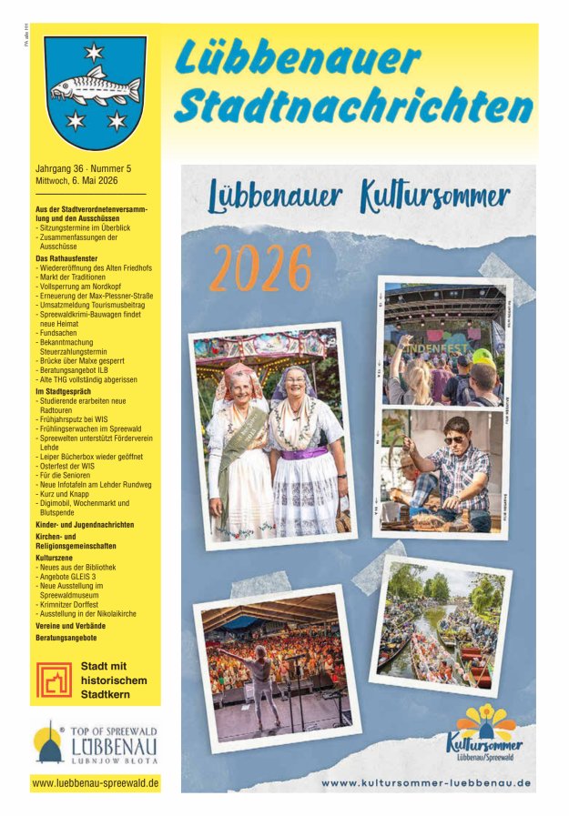 Lübbenauer Stadtnachrichten – Amtsblatt für die Stadt Lübbenau/Spreewald Titelblatt 05/2026