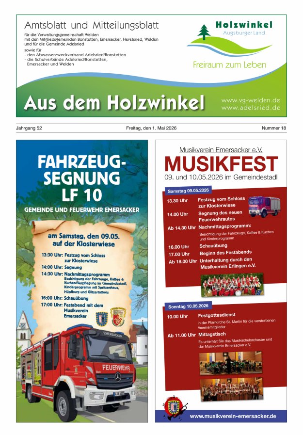 Aus dem Holzwinkel Amtsblatt u Mitteilungsblatt f VG Welden u GemAdelsried Titelblatt 18/2026