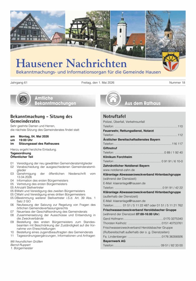Hausener Nachrichten Titelblatt 18/2026
