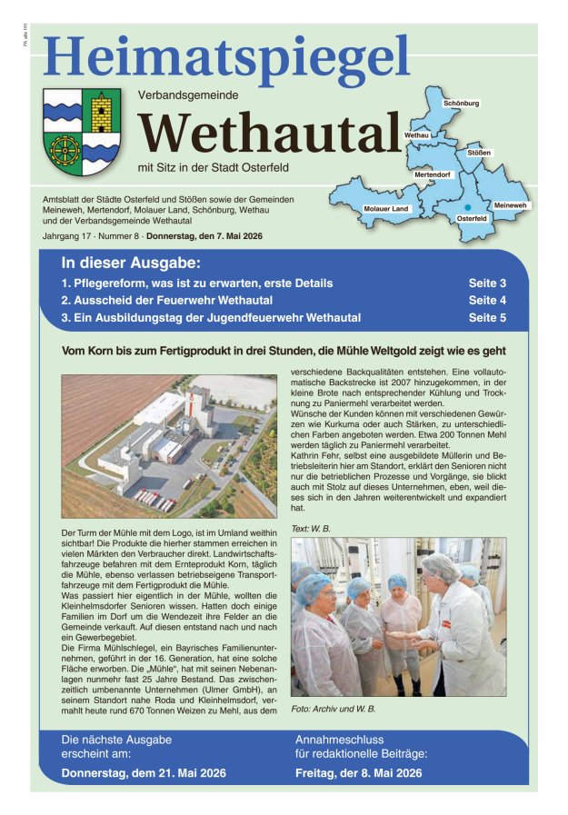 Heimatspiegel Verbandsgemeinde Wethautal mit Sitz in der Stadt Osterfeld Titelblatt 08/2026
