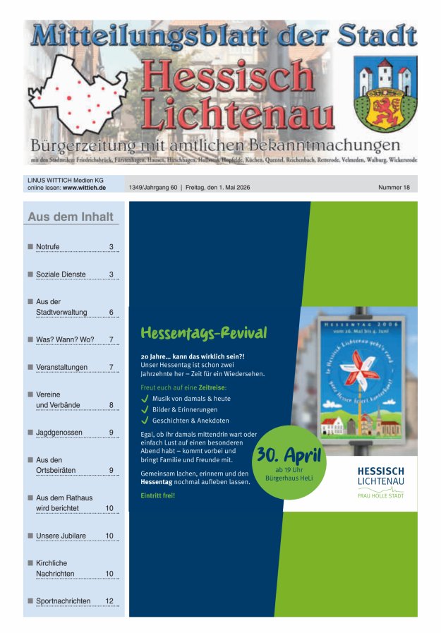 Mitteilungsblatt der Stadt Hess Lichtenau Titelblatt 18/2026