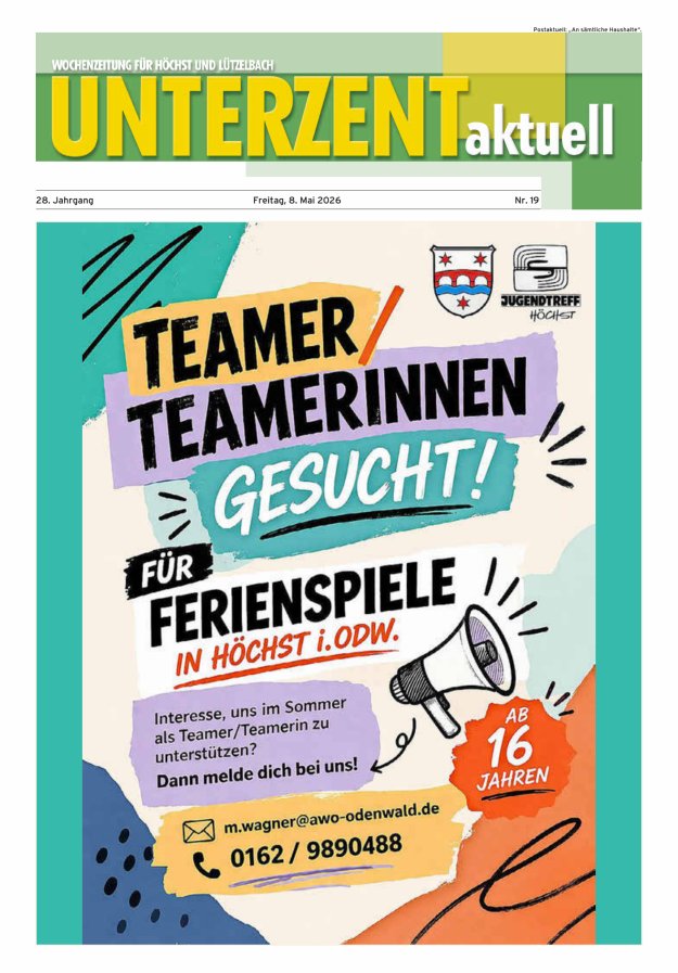 Unterzent aktuell Wochenzeitung für Höchst und Lützelbach Titelblatt 19/2026