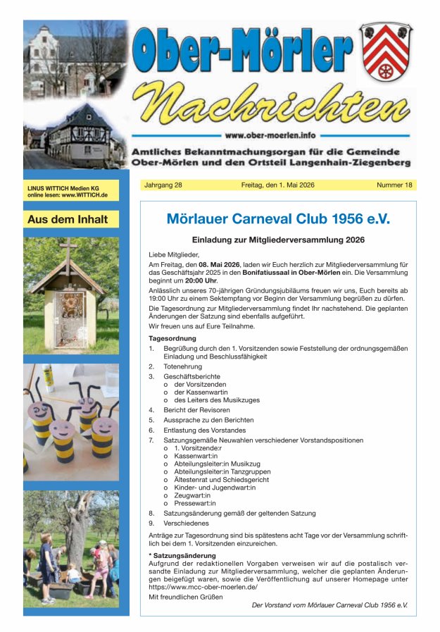 Ober-Mörler Nachrichten Titelblatt 18/2026