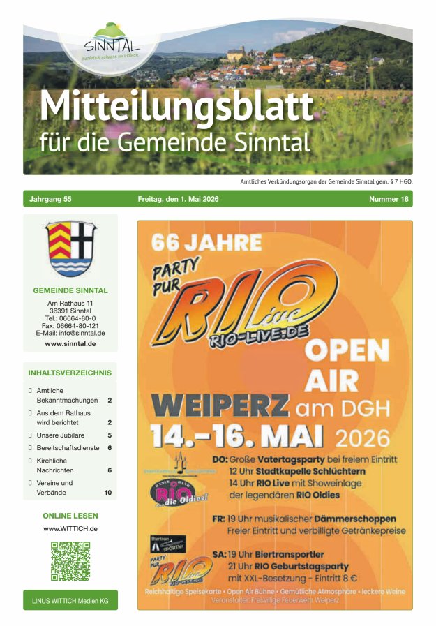 Mitteilungsblatt für die Gemeinde Sinntal Titelblatt 18/2026
