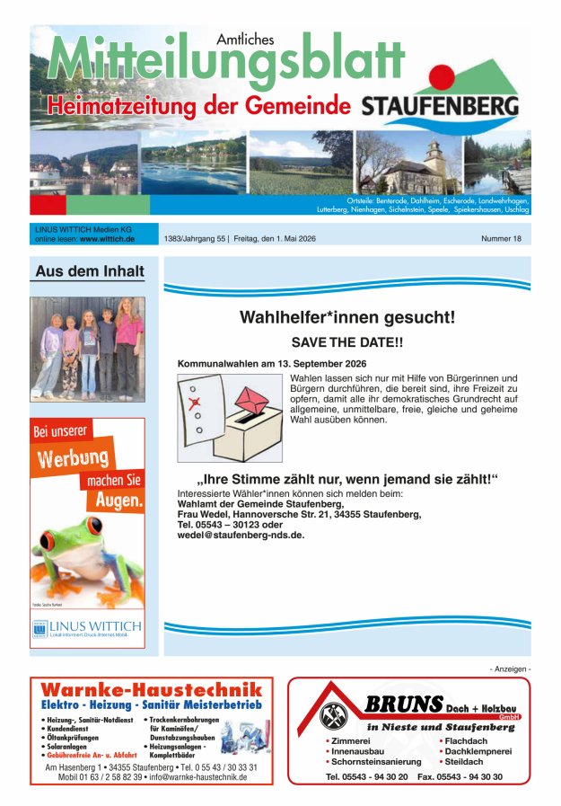 Heimatzeitung der Gemeinde Staufenberg Titelblatt 18/2026