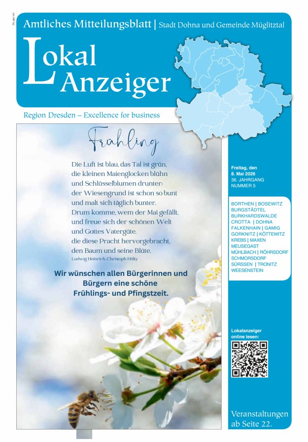 Lokal-Anzeiger – Amtliches Mitteilungsblatt Stadt Dohna und Gemeinde Müglitztal Titelblatt 05/2026