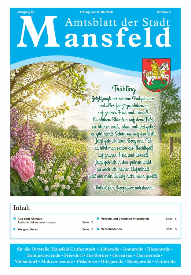 Amtsblatt der Stadt Mansfeld Titelblatt 05/2026