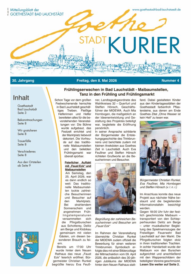 Goethestadt Kurier - Mitteilungsblatt der Goethestadt Bad Lauchstädt Titelblatt 04/2026