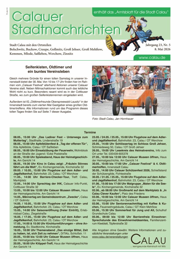 Calauer Stadtnachrichten  Titelblatt 05/2026
