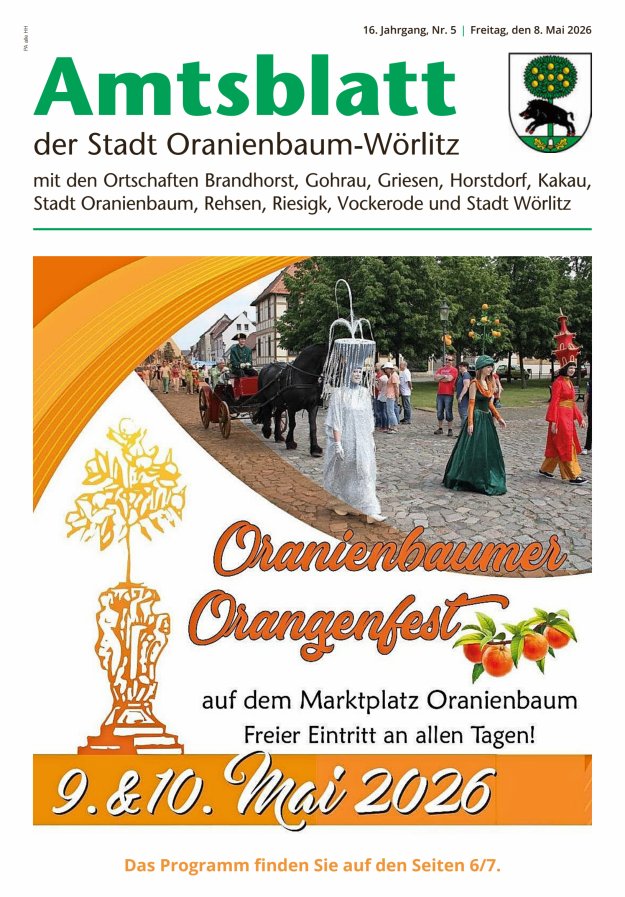 Amtsblatt der Stadt Oranienbaum-Wörlitz mit den Ortschaften Titelblatt 05/2026