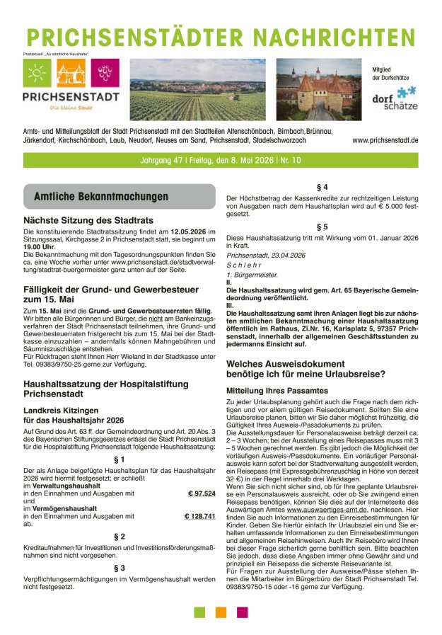 Prichsenstädter Nachrichten Titelblatt 10/2026