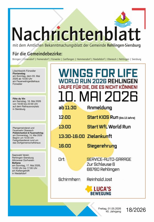 Nachrichtenblatt Rehlingen-Siersburg Titelblatt 18/2026