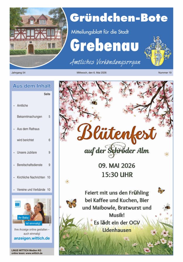 Grebenau - Gründchen Bote - Mitteilungsblatt für die Stadt Grebenau Titelblatt 19/2026