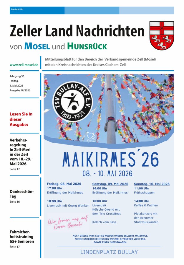 Zeller Land Nachrichten Titelblatt 18/2026