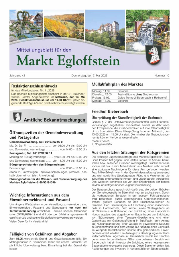Mitteilungsblatt für den Markt Egloffstein Titelblatt 10/2026