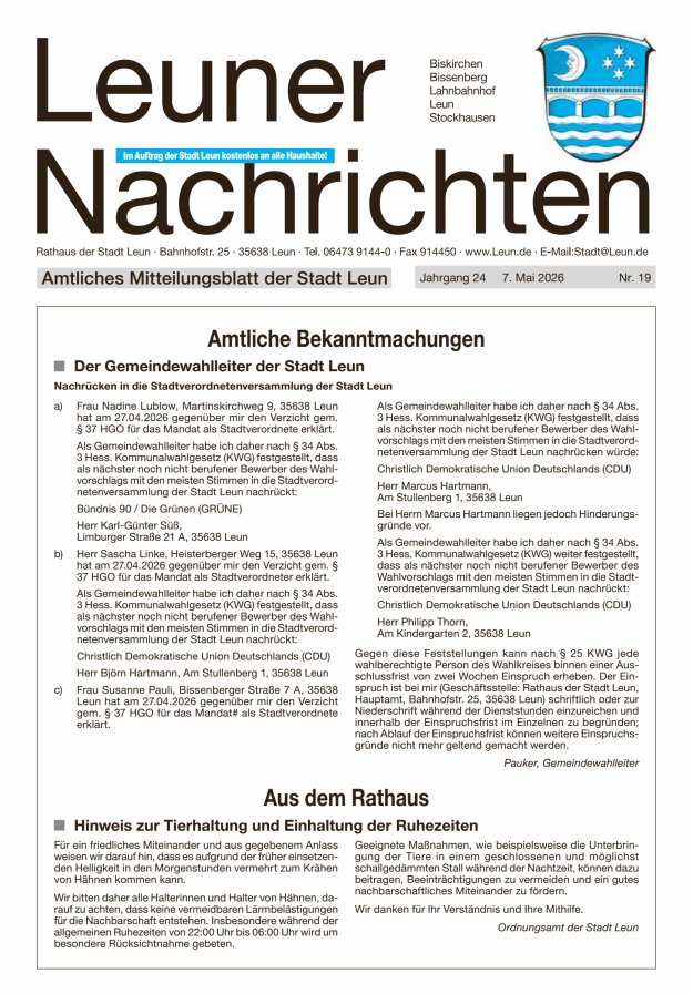 Leuner Nachrichten Titelblatt 19/2026