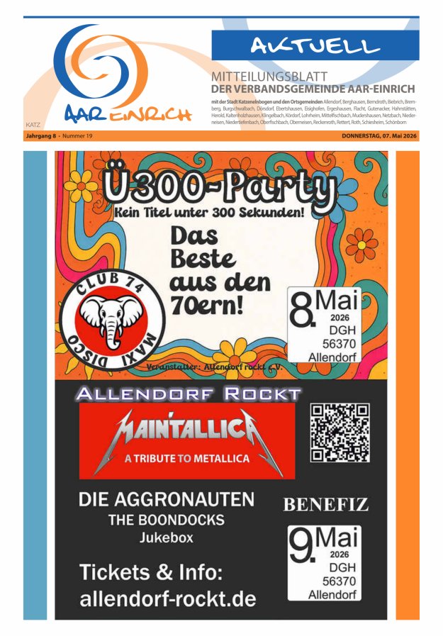 Mitteilungsblatt der Verbandsgemeinde Aar-Einrich Ausgabe Katzenelnbogen Titelblatt 18/2026