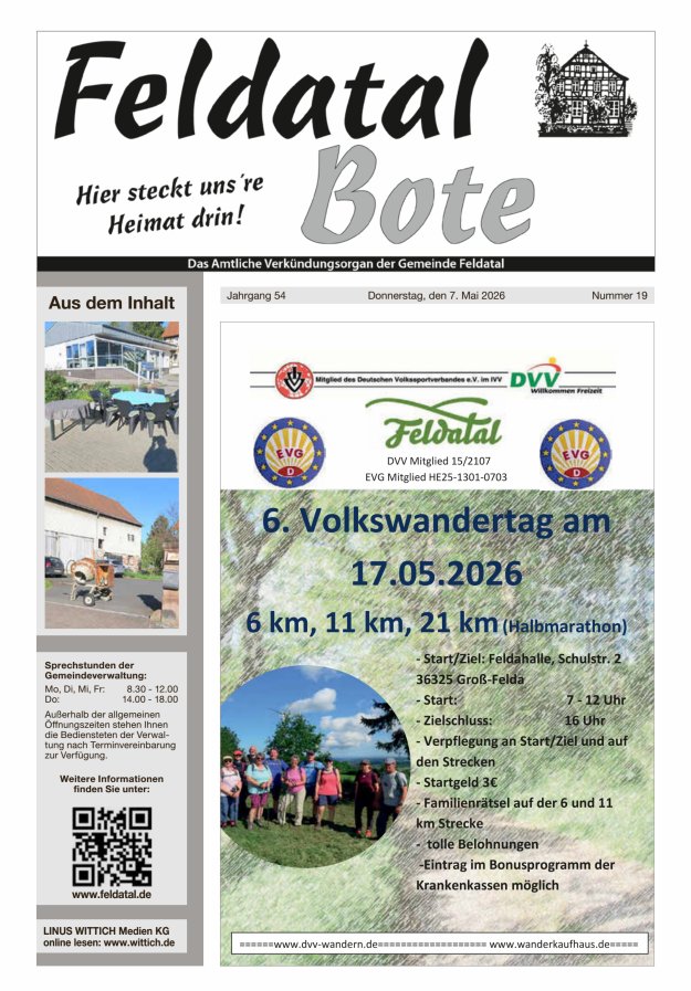 Das Amtliche Verkündungsorgan der Gemeinde Feldatal Titelblatt 19/2026