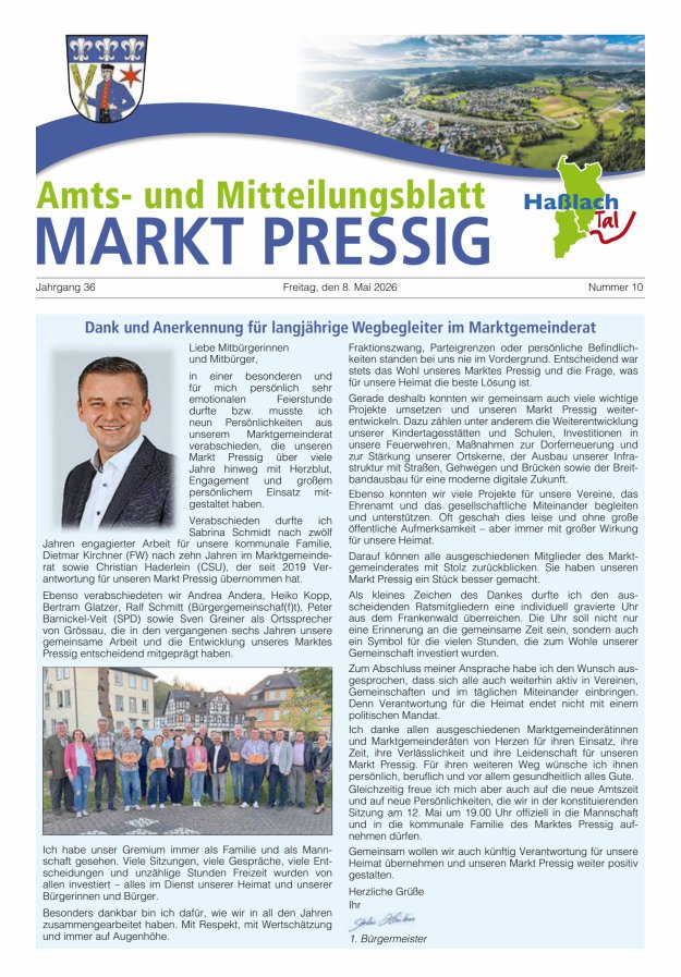 Amtsblatt für den Markt Pressig mit den Gemeindeteilen Titelblatt 10/2026